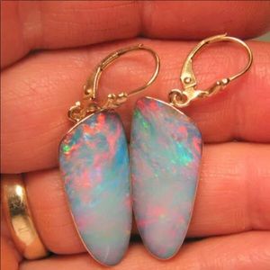 Sterling Silver Geometric White Fire Opal Ear Hook Drop Earrings